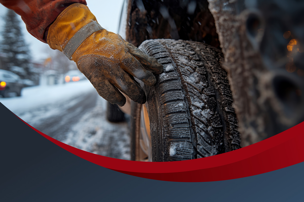 A worker carefully inspects the wheel of a truck during the winter. Peterbilt Southern Alberta is ready to ensure that your truck is ready to deal with the harsh conditions this coming winter season.