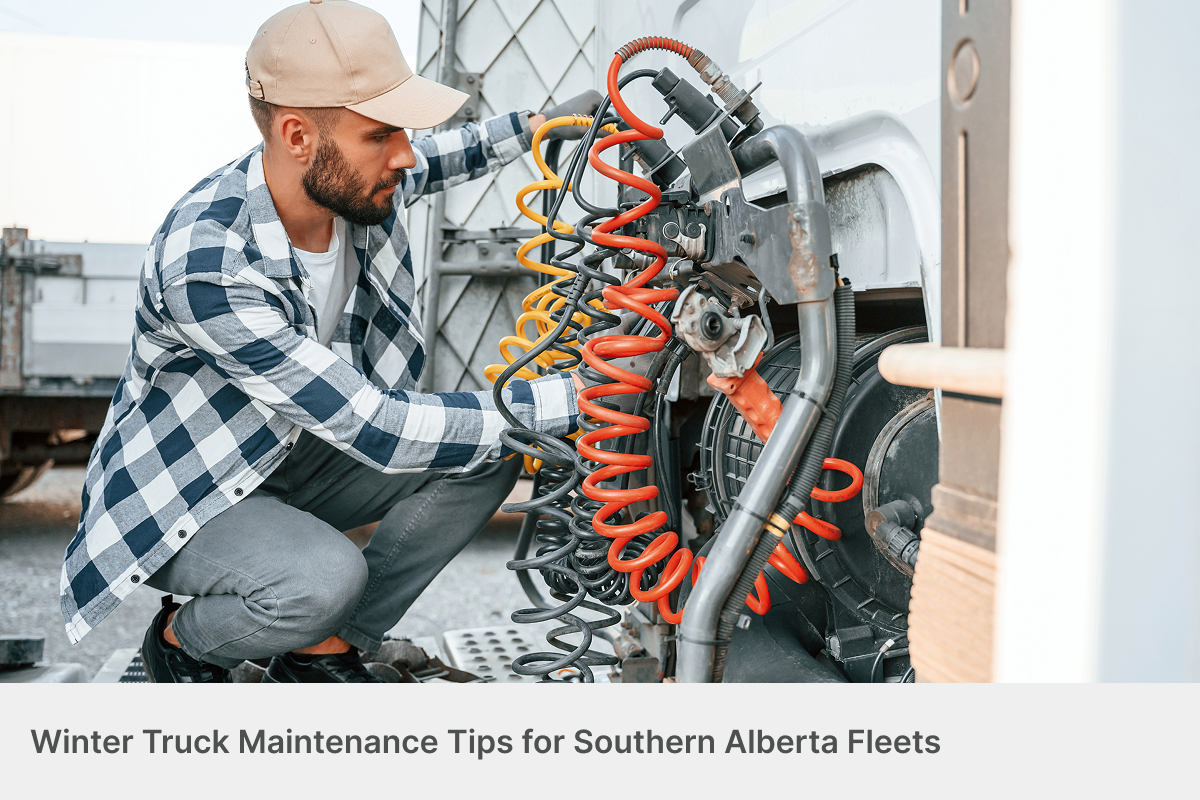 A man checks the connectors on his tractor-trailer in the cold. Peterbilt Southern Alberta is ready to help you with your winter truck maintenance.