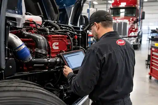 Peterbilt technician performing engine diagnostics with a diagnostic tablet in a commercial truck service bay